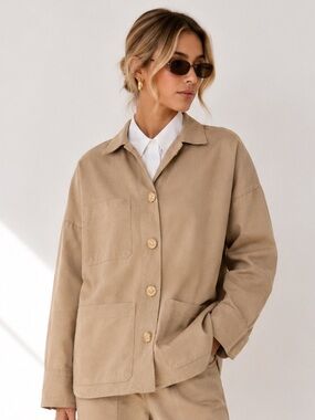 $470 SECULAR Tan Utility Jacket Gold Buttons Oversized Barn Jacket Medium